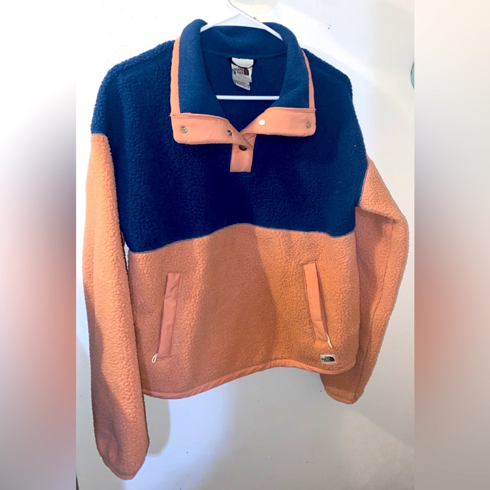 Women’s light pink and blue sweater button up neck North Face